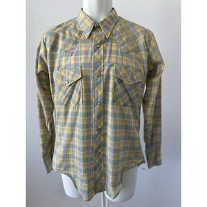 New Vintage Plaid Western Pearl Snap Shirt Men's M 15-15.5" Pastel 70s 80s (b59)